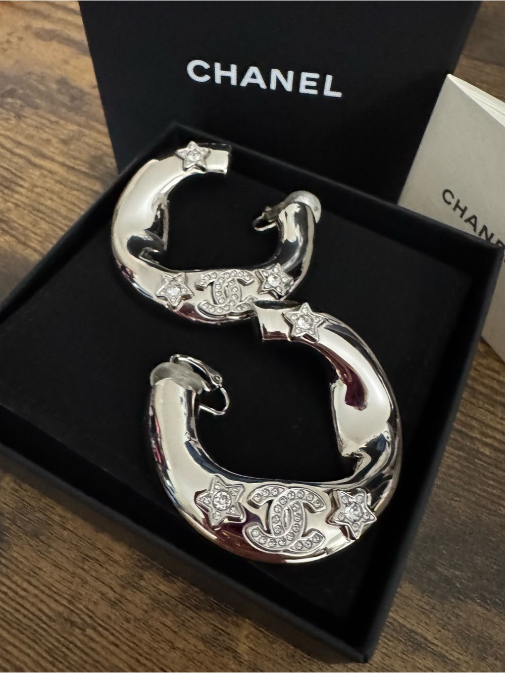CHANEL XL 25S Silver CC Crystal Star Clip On Hoop Earrings
